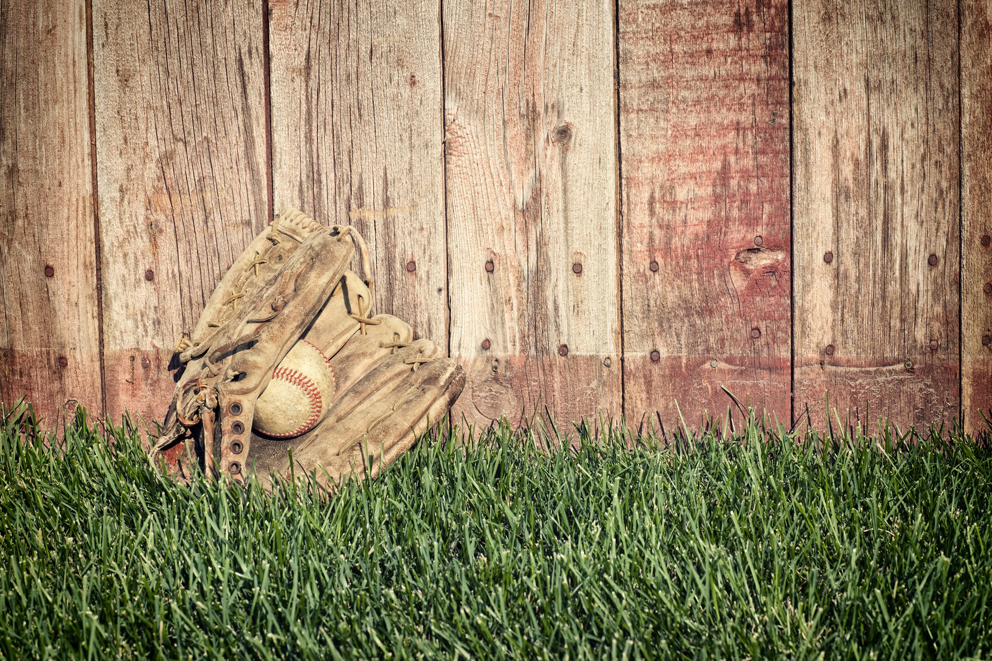 Old baseball mitt and ball on grass against wooden fence